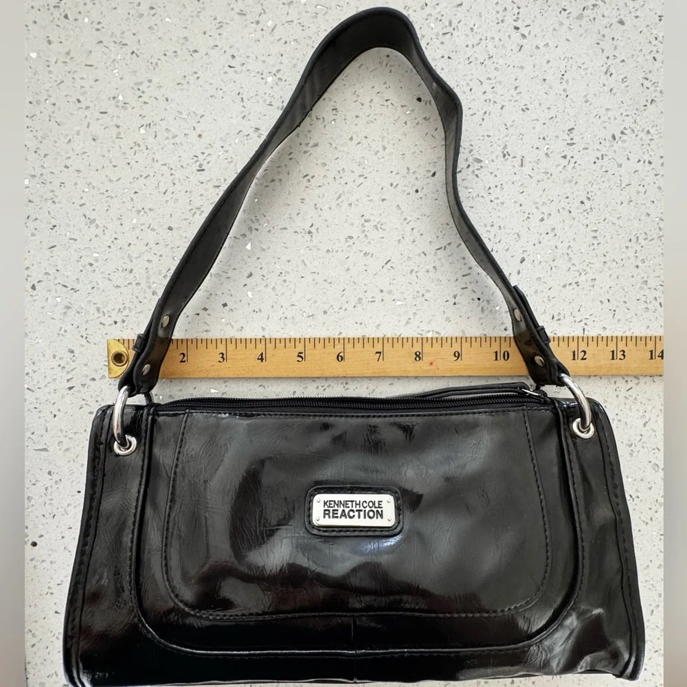 Y2K Vintage Vegan Patent Leather Versatile‎ Slim Bag Black Pouchette Cyber 90s - Picture 12 of 13